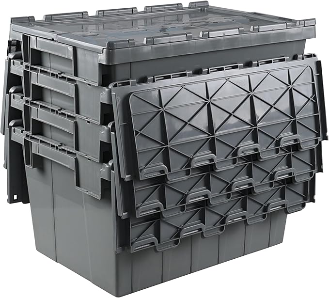 15 Gallon Industrial Lockable Plastic Storage Tote with Hinged Attached Lid Commercial Flip Top Tote Storage Container Bin Tote for Transport and Warehouse Heavy Duty Gray 4 Packs