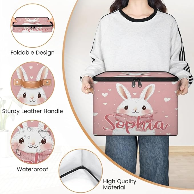 Custom Storage Basket with Name Personalized Storage Bins with Zipper Lid Foldable Fabric Storage Box Large capacity with Handle Scarf Bunny