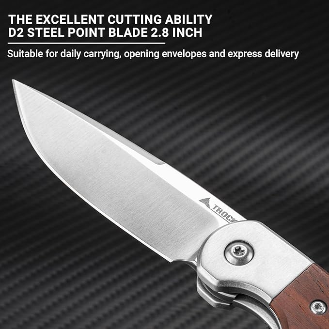 Small EDC Knife 2.8 Pocket Knife D2 Steel Point Blade Wood Handle - flipper Folding Knife for Men Women - Daily Carry Office Camping Hiking