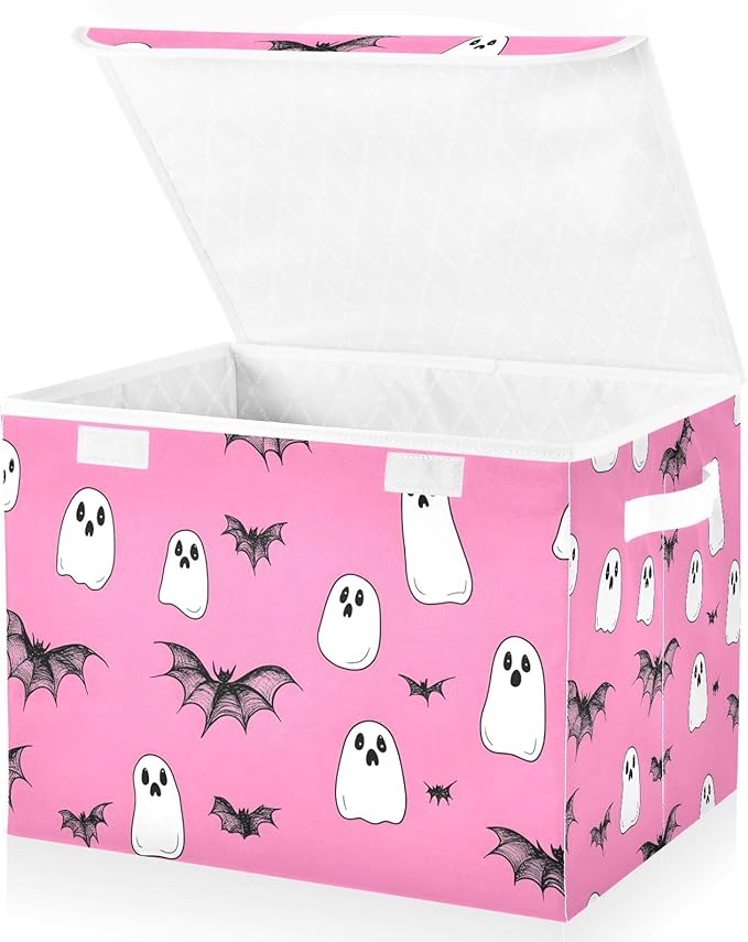 Cute Halloween Bats Storage Cube Bins Basket with Lid Collapsible Flip-top Fabric with Handle for Home Bedroom Closet Office 16.5×12.6×11.8 in