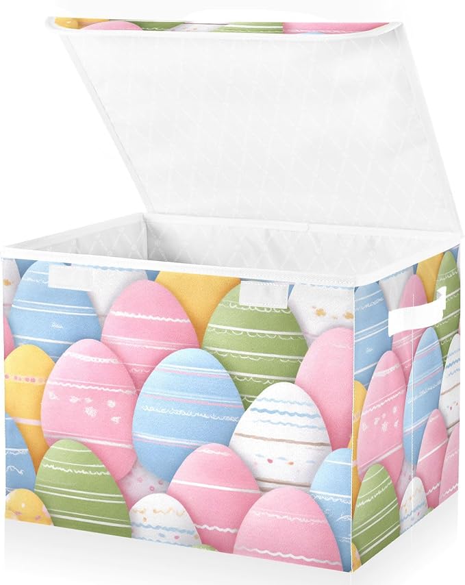 Cute Colorful Easter Eggs Storage Box with Lid 1 PC Foldable Storage Bin with Lids Stackable Storage Bins Cube Closet Organizer Basket with Flip-Top Lid &amp Handles for Shoes Books Towels