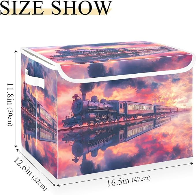 Storage Cube with Lid Surreal Train Print 16.5×12.6×11.8 IN Collapsible Large Capacity Foldable Storage Basket Bin Organizer