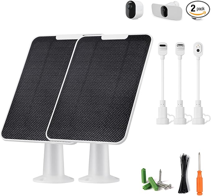 Solar Panel Charger Compatible with Essential Series Pro 6/6 XL/5S/4/3 Go 2 Ultra Series &amp Wireless Floodlights 6V 5W Solar Panel for Arlo Security Camera P65 Weatherproof 9.8ft Cable 2 Pac