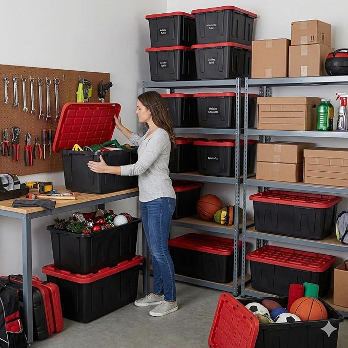 27 Gallon Storage Bin with Lid Heavy Duty Plastic Storage Tote Black and Red Stackable Storage Container for Indoor Outdoor Use Plastic Totes with Lids for Storage (2 Pack)