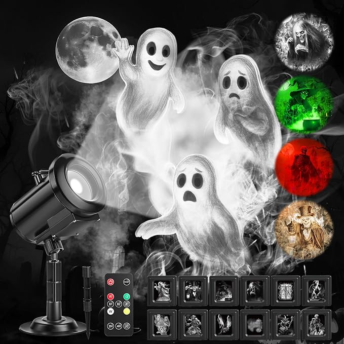 12 in 1 Halloween Ghost Projector Light Outdoor 3D Dynamic Decoration Light 4 Color Waterproof Scary Projector with Skeleton Ghost/Ghost/Pumpkin/Witch for Home Window Wall Halloween Holiday Decor
