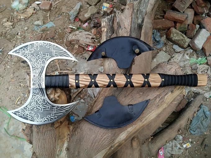 Hand-Forged Double Headed Viking Axe – 27 Odin's Carbon Steel Battle Hatchet with Leather Wrapped Wood Handle – Norse Style Throwing Axe for Camping Collecting Survival Gear or Gifts.