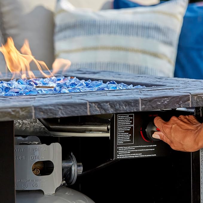 Endless Summer 30 Inch Square 30000 BTU Liquid Propane Gas Outdoor Fire Pit Table w/Push Button Ignition Blue Fire Glass &amp Steel Fire Bowl Bronze