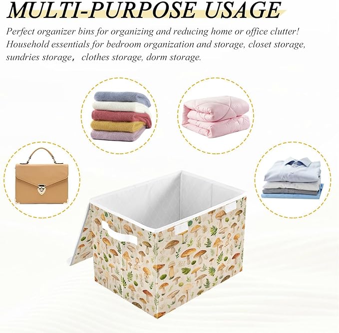 Storage Bins With Lid Stackable Fabric Closet Organizer Clothing Storage Large Boxes For Closet Shelves Bedroom Beige Mushrooms Leaves Caps Natural