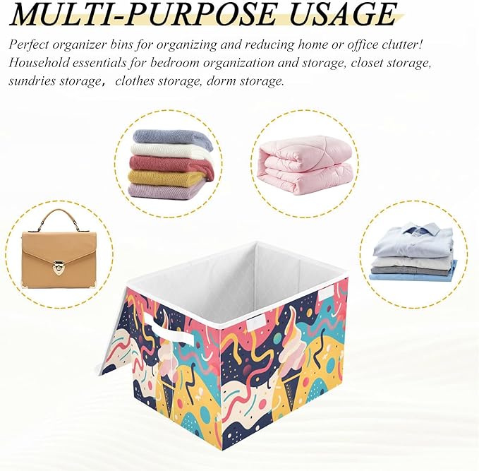 Storage Bins With Lid Stackable Fabric Closet Organizer Clothing Storage Large Boxes For Closet Shelves Bedroom Creative Ice Cream Art