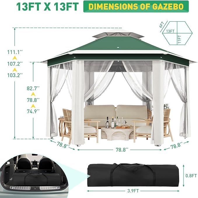 Pop-Up Gazebo 13 * 13 ft 6 Sided Canopy Tent with Mesh Windows &amp Portable Carry Bag Adjustable Tent Outdoor Pergola for Backyard &amp Patio Furniture (Green + Beige)