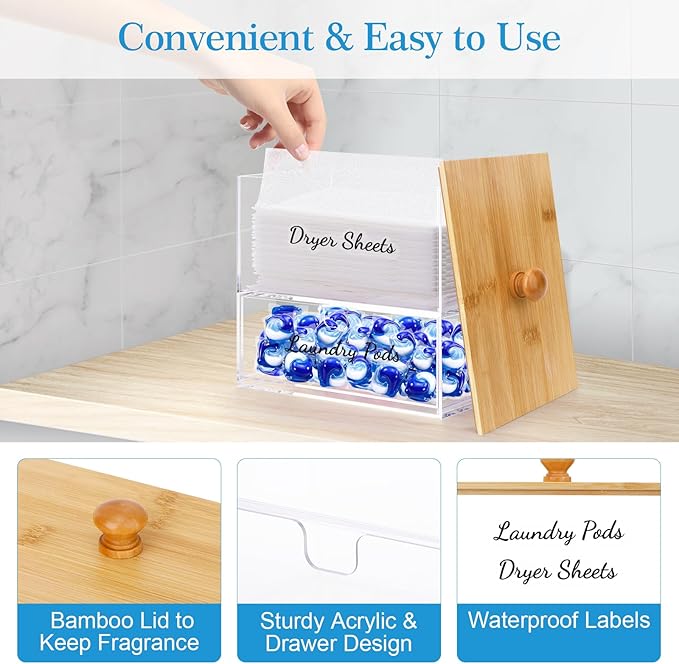 JYPS 1+1 Acrylic Dryer Sheet Holder with Drawer and Bamboo Lid Clear Acrylic Large-Capacity Laundry Pods Container Scent Boosters &amp Powder Laundry Room Organization decor Storage Jars Set