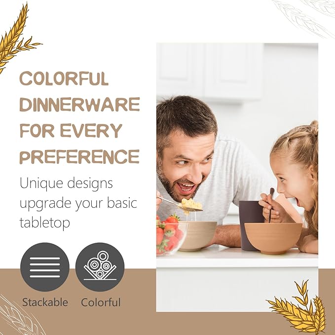 Teivio 32-Piece Kitchen Plastic Wheat Straw Dinnerware Set Service for 8 Dinner Plates Dessert Plate Cereal Bowls Cups Unbreakable Colorful Plastic Outdoor Camping Dishes Desert