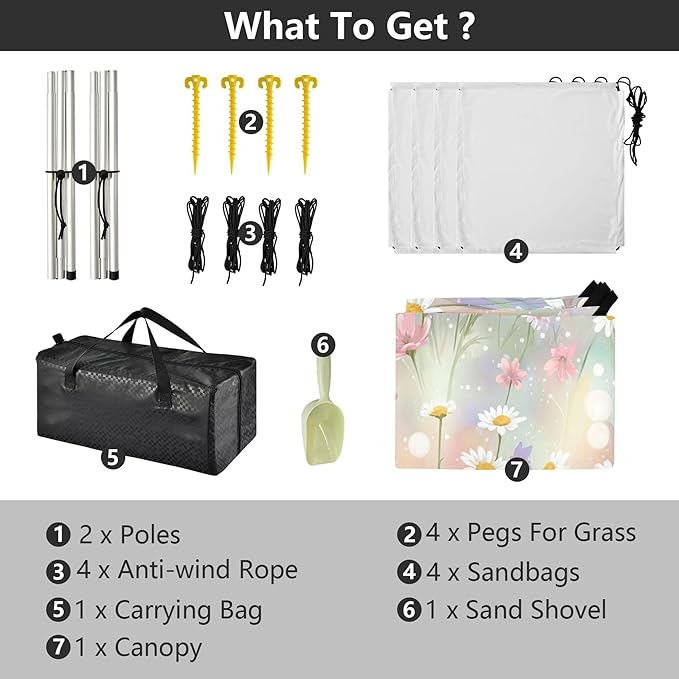Daisy Beach Canopy Sun Shelter with Sandbags &amp Sand Shovel &amp Windproof Ropes - Portable 110x126 Beach Shade Beach Tent for Camping Picnics