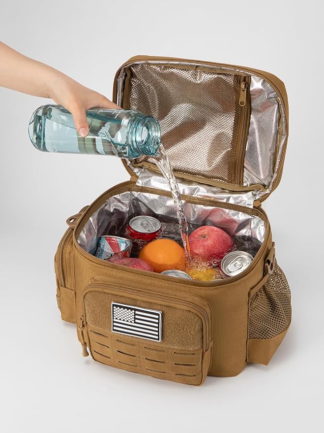 QT&ampQY Tactical Lunch Bag for mens Military heavy duty lunch box work Leakproof insulated Durable Thermal Cooler Bag for Adult Meal for Office Camping Picnic Pail MOLLE Webbing Khaki