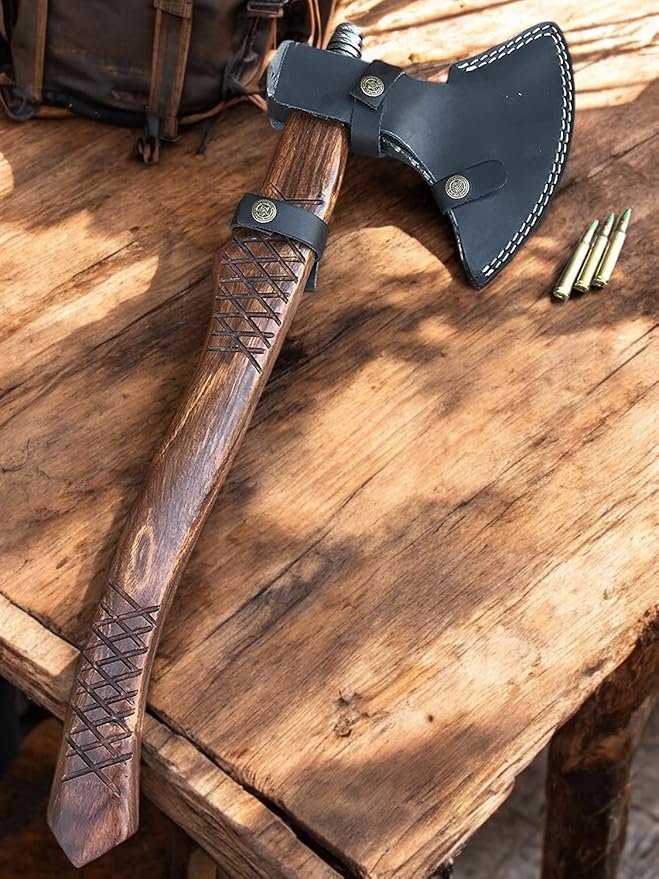 Poshland AX-7000 Custom Gift Forged Damascus Steel Vintage Axe with Rose Wood Shaft Viking Bearded Camping Axe (AX-7000) (AX-8194)