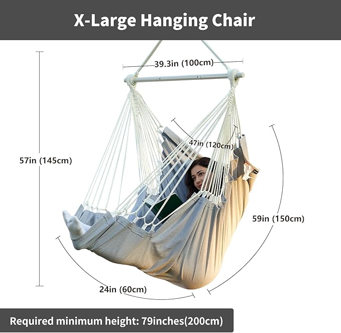 CHULIM Hanging Hammock Chair Swing MAX 500 lbs Outdoor Hanging Chair with Footrest Indoor Swing Chair with Portable Steel Spreader Bar and Hardware Kit for Bedroom Living Room Patio Porch - Grey