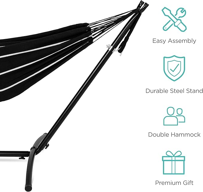 Best Choice Products Double Hammock with Steel Stand Indoor Outdoor Brazilian-Style Cotton Bed w/Carrying Bag 2-Person Capacity - Onyx