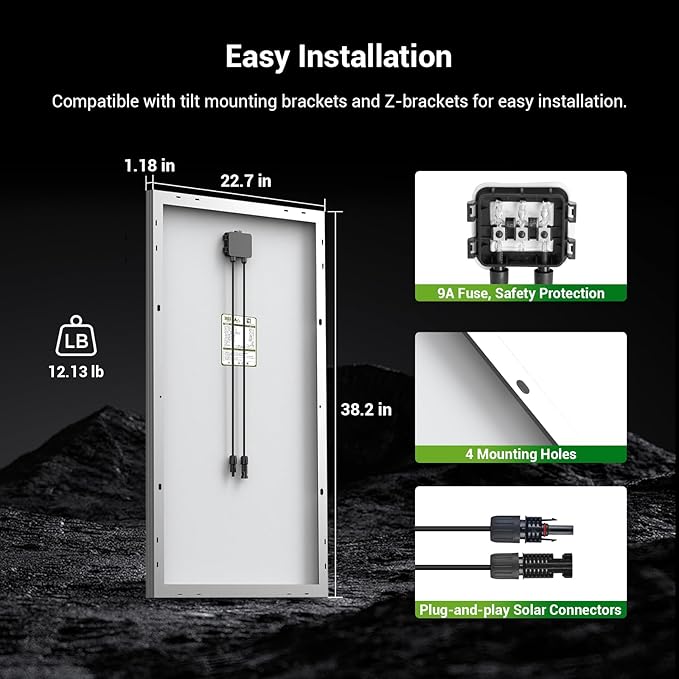 HQST 100W 12V Monocrystalline Solar Panel with Solar Connectors High Efficiency Module PV Power for Battery Charging Boat Caravan RV and Any Other Off Grid Applications
