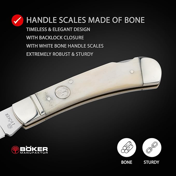 BOKER TREEBRAND – Lockback Smooth White – Medium Pocket Knife with One Super-Sharp D2 Blade &amp Nail Nick – Classic Gentleman Folder with White Bone Handle Scales &amp Backlock – Made in Germany