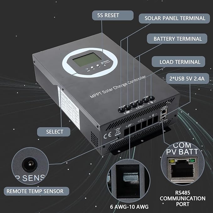 100A MPPT Solar Charge Controller 12V/24V/36V/48V Auto Max 150V PV Input 5000W Max Power Regulator w/ LCD Display Works with AGM Gel Flooded Lithium Batteries