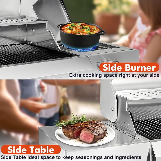 Llamaviva 5 Burner Propane Gas Grill with Side BurnerStainless Steel BBQ Grill with Porcelain-Enameled Cast Iron Grates 68000 BTU Cabinet-Style Cart Design for Outdoor Patio Barbecue- food clip