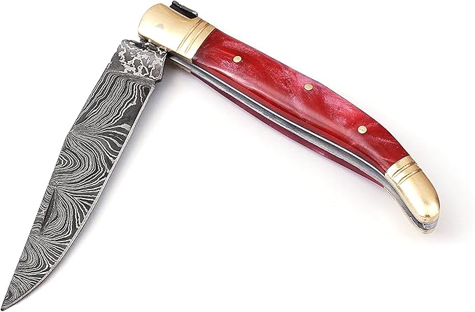 Damascus steel blade Laguiole style Folding knife by Damascus depot 8.5 Long with 4 hand forged custom twist pattern Blade. unshrinkable Resin scale exotic color with brass bolster and Pommel. Cow