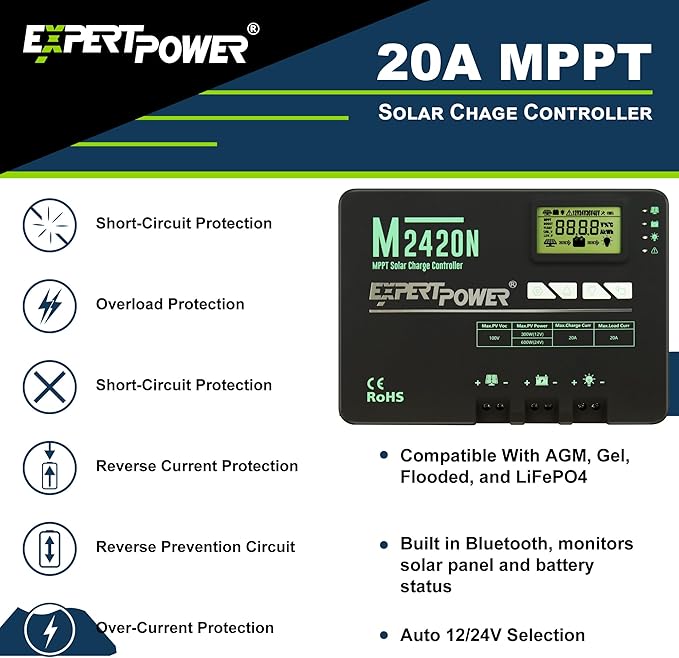 ExpertPower 200W 12V Solar Power Kit | 12V 20Ah LiFePO4 Lithium Battery | 200W Mono Rigid Solar Panels 20A MPPT Solar Charge Controller | RV Trailer Camper Marine Off Grid Solar Projects