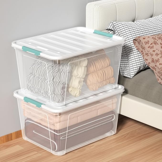 4 Pack 85 Quart Latching Storage Box Bin Large Storage Box with Wheels Clear