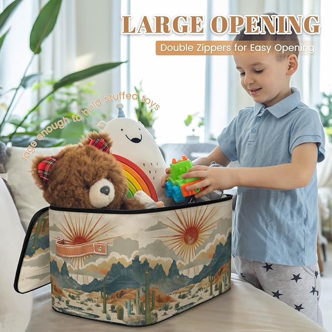 Cactus Storage Bins with Lids Desert Sunset Fabric Storage Boxes with Zipper Collapsible Decorative Closet Organizer Cube for Clothes Organizing Shelves