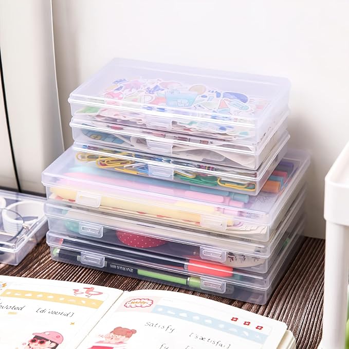 Kingrol 12 Pack Clear Plastic Storage Containers with Lids 8 x 5 x 1.75 Inch Empty Hinged Boxes Stackable Organizer Boxes for Home Office Craft Supplies