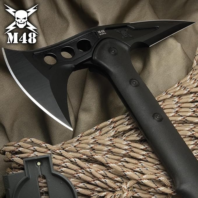 M48 Tactical Tomahawk Military Axe - Black Color | 3 ⅞” Cast Stainless Steel Combat Axe with Piercing Spike | Nylon Cord Wrapped Fiberglass Handle | Camping and Tactical Gear | 15” Length