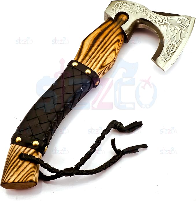 Custom Forged Carbon Steel Viking Style Bearded Axe - Real Hatchet Throwing &amp Camping Axe with Leather Wrap Best Gift for Anniversary Valentine's Day Birthday with Premium Leather Sheath