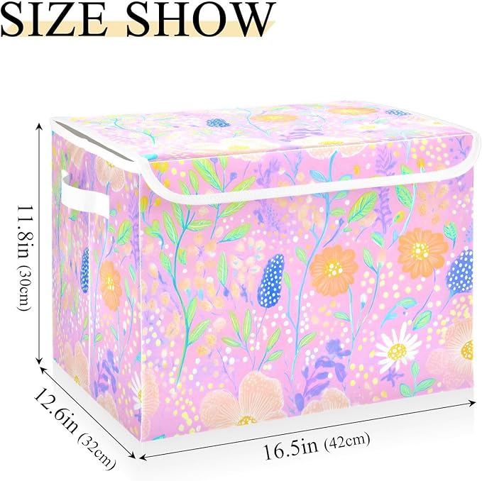 AIXIWAWA Lidded Storage Cube (Cartoon Florals) Fabric Foldable Closet Bins with Flip Lid and Handles Organizer Basket Container 16.5 x 12.6 x 11.8 IN