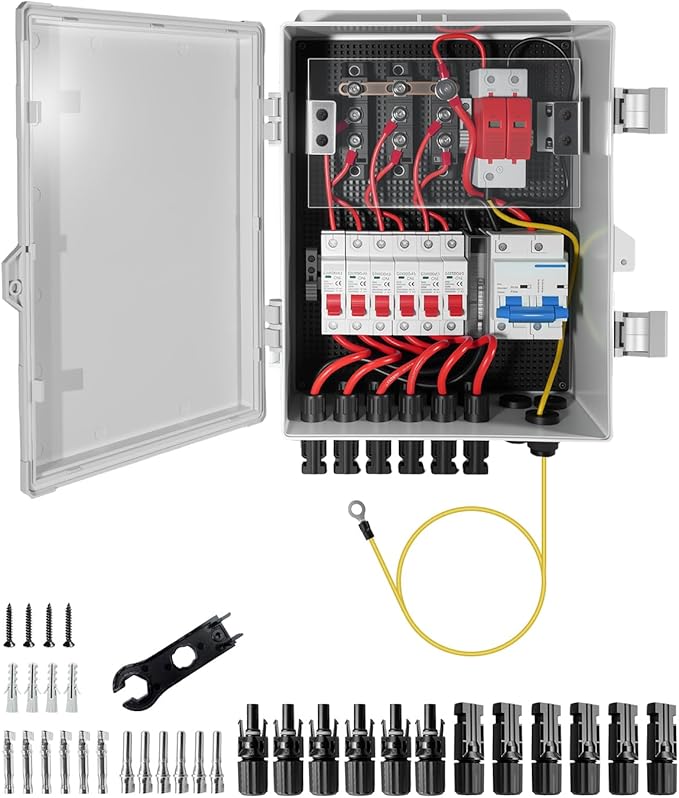 Solar Combiner Box 6 Strings with 100A DC Main Circuit Breaker 6×16A PV Breakers 40KA Surge Protector 120A Anti-Backflow Diodes IP65 Waterproof PV Combiner for On/Off-Grid Solar Systems