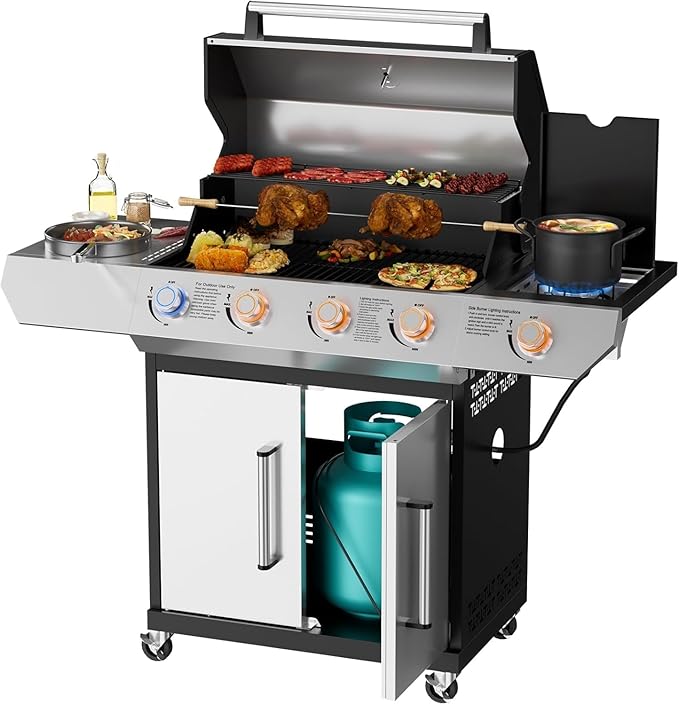 SKOK Led 4-Burner Gas BBQ Grill with Side Burner Led Knob Barbecue Grill with Porcelain-Enameled Cast Iron Grates 60000 BTU Stainless Steel Propane Grill 629 Sq. In. Grilling Area