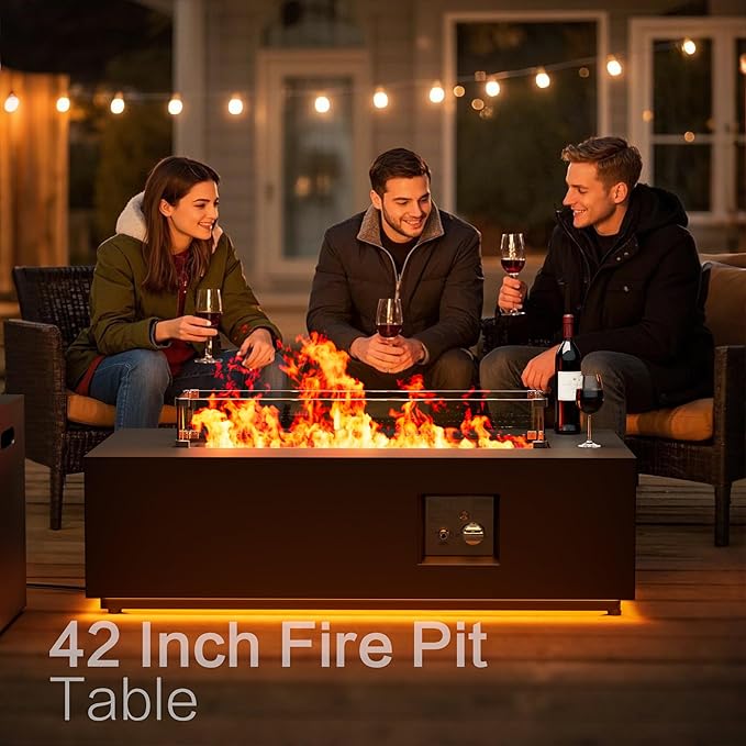 42 Outdoor Fire Pit Table 50000 BTU Gas Fire Pit with Glass Wind Guard Fire Stones Waterproof Cover Propane Fire Pit Table for Outside Patio (Warm Light Black)