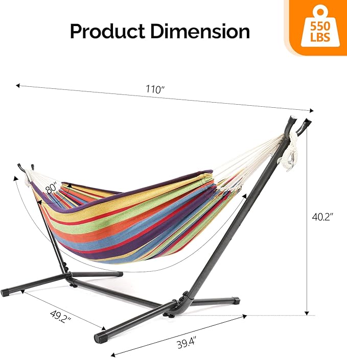 ONCLOUD Heavy Duty 550 LBS Double Hammock with Stand Included with Portable Carrying Bag Upgraded 2 Person Hammock with Frame for Outdoors &amp Indoors Series TDCTZ2 - Rainbow Stripe