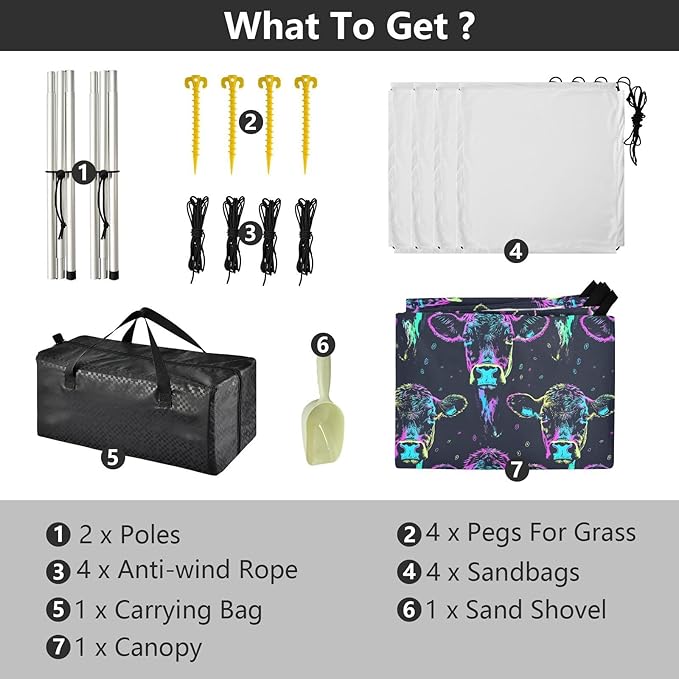 ALAZA Neon Cow Portrait Print Beach Tent Sun Shelter UPF50+ Protection Beach Shade Canopy w/ 4 Sandbags for Outdoor Camping Fishing Backyard Fun Picnic 10x9 ft