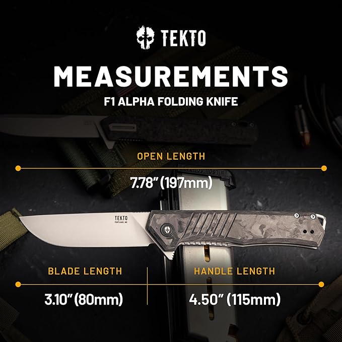 TEKTO KNIVES F1 Alpha Folding Pocket Knife - Modified Straight Back Blade Titanium Coated D2 Steel Ideal for Camping &amp Backpacking Tactical Forged Carbon Fiber Handle Silver Titanium Accents