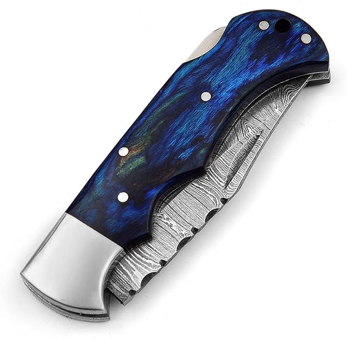 Pocket Knife 2.92 Drop Point Damascus Steel Blade Folding Knife with Blue &amp Black Wood Handle Back Lock EDC Knives with for Men Women GK-751 (Blue)