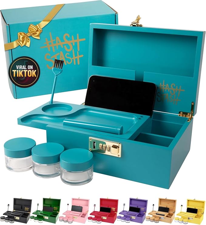 The OG Stash Storage Box - Large Bamboo Box with Combination Lock Magnetic Lid Organizer Tray 3 Jars Brush and Tube - Decorative Wooden Locked Storage Box with Accessories (Teal/Gold)