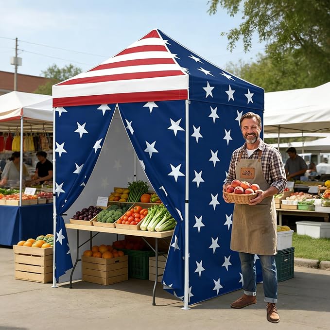 EAGLE PEAK 5x5 Instant Canopy with 4-Side Wall Panels Small Pop up Portable Canopy Tent with Carry Bag Light Weight Sun Shelter for Sports Camping and Beach American Flag