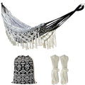 Black with Wirte Bohemian Striped Fringe Double Hammock - Soft Cotton Fabric Outdoor Indoor Hanging Bed with Durable Ropes Space-Saving Design for Garden Patio Backyard Porch Beach Camping