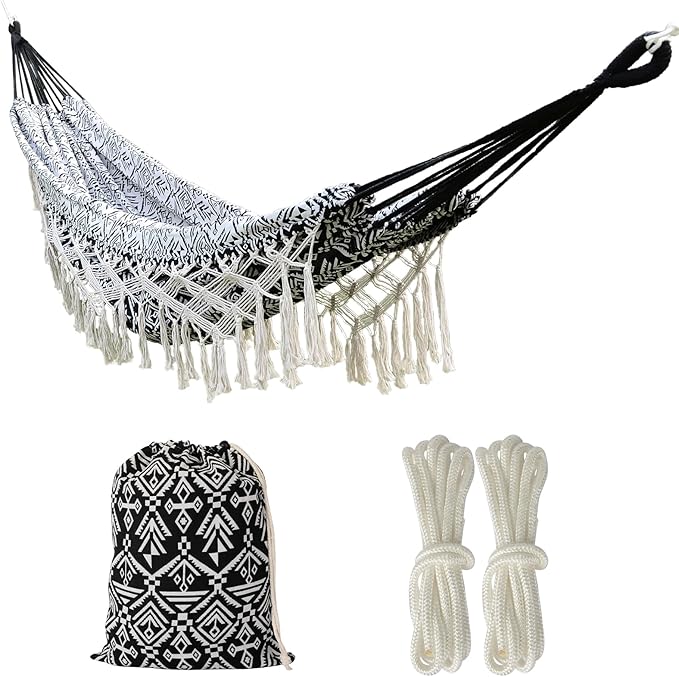 Black with Wirte Bohemian Striped Fringe Double Hammock - Soft Cotton Fabric Outdoor Indoor Hanging Bed with Durable Ropes Space-Saving Design for Garden Patio Backyard Porch Beach Camping