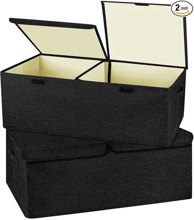 2 Pack Large Linen Fabric Collapsible Storage Bins with Lid and Handles Washable Storage Box Baskets Cube with Removable Divider for BedroomClosetOfficeLiving RoomNursery (Black Small)