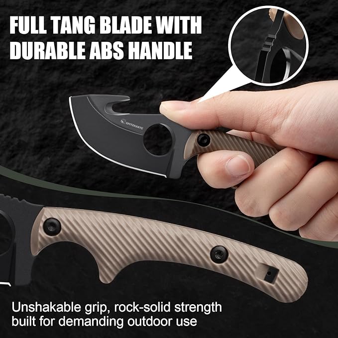 Small Hunting Knife HO-YN Compact Fixed Blade Knife with Gut Hook Rotating Clip &amp Whistle for Fishing &amp Outdoor (Khaki)