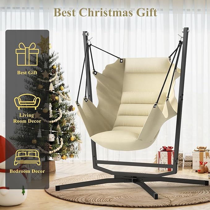 360° Swivel Hammock Swing Chair with Stand - Comfortable Hanging Chair with Cushions (400 lbs Capacity) for Indoor/Outdoor Use - Perfect for Bedroom Patio Porch Deck Garden Balcony