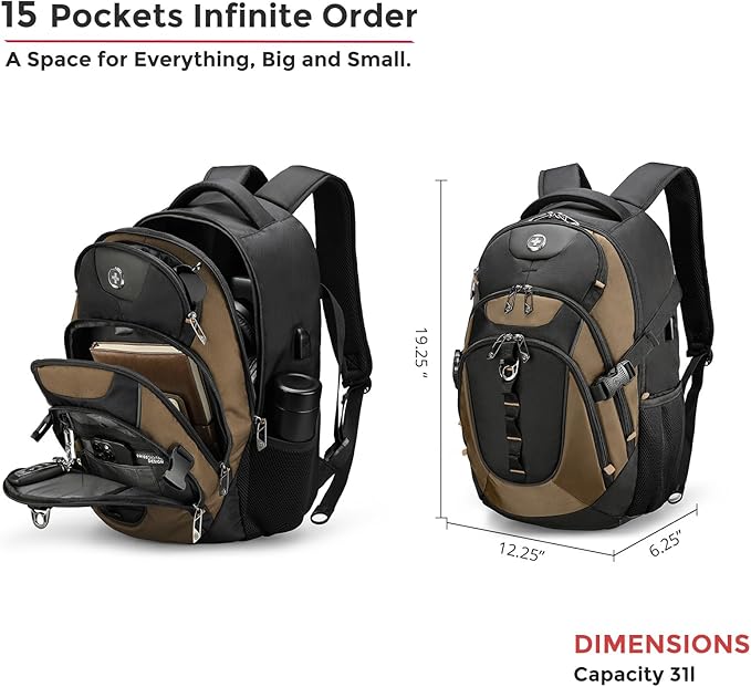 Swissdigital Design Laptop Backpack with USB Charging Port Travel Backpack Fits 15.6 inches Computer 31L College School Backpack for Men Tan/Black | SD803-34