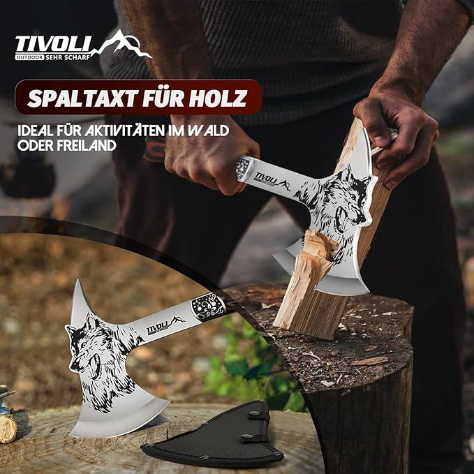 TIVOLI 13 Camping Axe Wolf - Patterned Survival Hatchet with Nylon Sheath High Carbon Steel Blade Compact Outdoor Bushcraft Axe with Ergonomic Wood Grip Camping Gear for Hiking Chopping Hunting