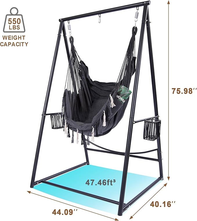 YOXIFOC Reinforced Base &amp Triangular Structure Hammock Stand with 2 Storage Baskets Swing Stand with 3 Hooks Fit for Most Hanging Chair for Oudoor&ampIndoor (with Chair) (Black)